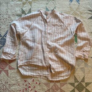 Everlane Pale Pink Striped Collarless Linen Button Shirt